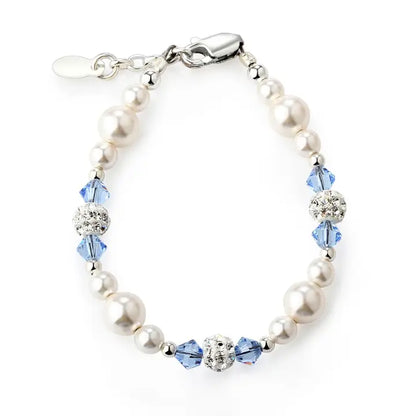 Sterling Silver Pearl + Blue Crystal Kids Bracelet