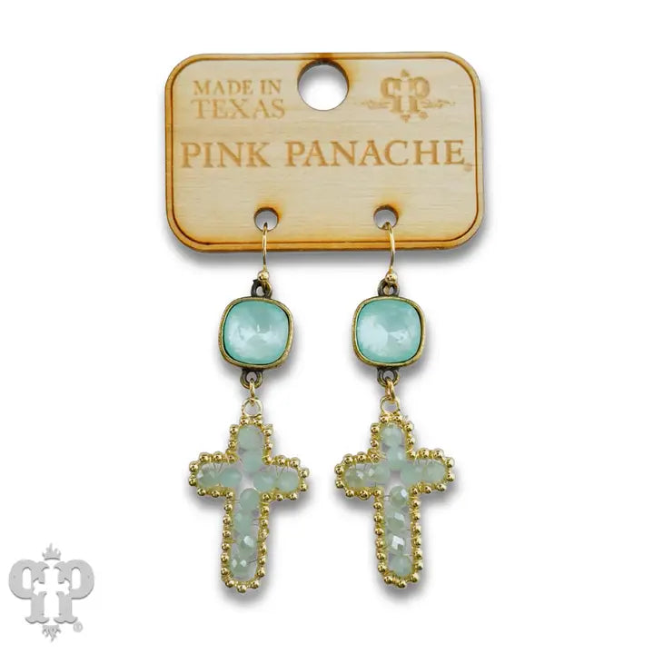 Wire Wrapped Bead Cross Earring with Austrian Crystal