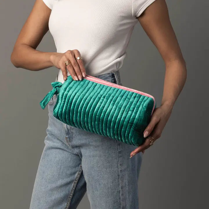 Green & Pink Velvet Ribbed Travel Pouch