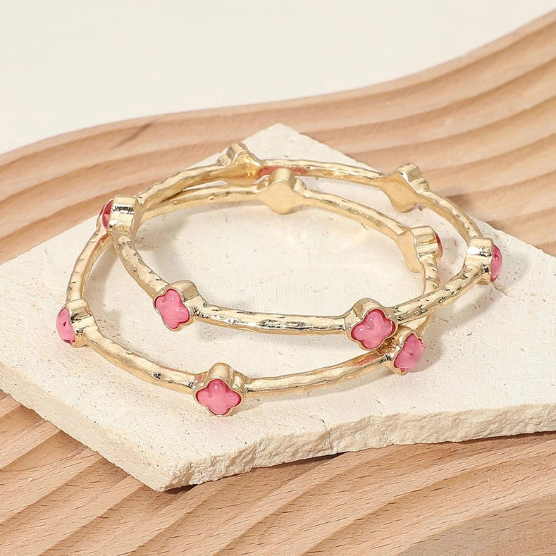 Pink - Quatrefoil Stone Accent Hammered Metal Multi Layered Bangle Bracelets - 2PCS