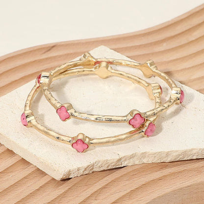 Pink - Quatrefoil Stone Accent Hammered Metal Multi Layered Bangle Bracelets - 2PCS