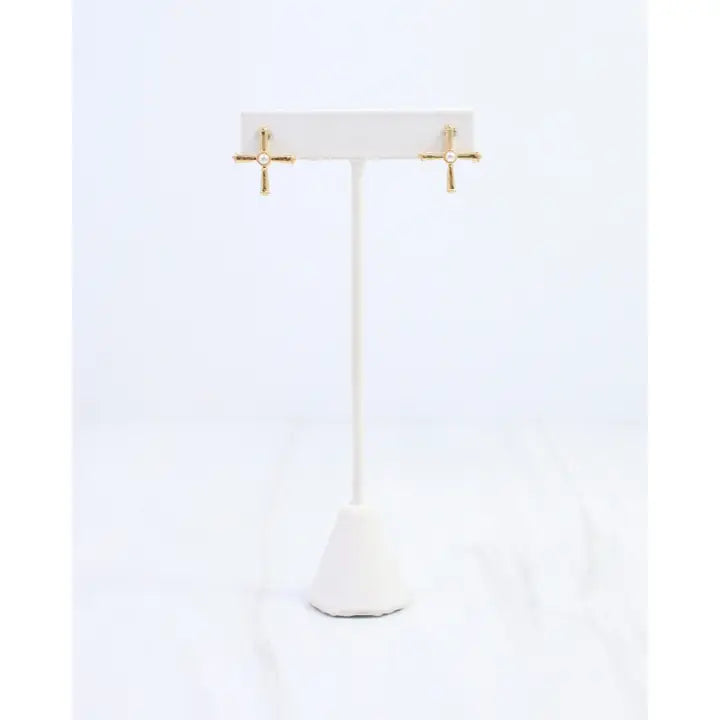 Caroline Hill - Janet Pearl Cross Stud Earring Worn - Gold