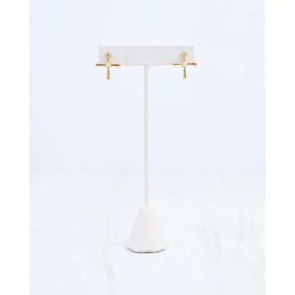 Caroline Hill - Janet Pearl Cross Stud Earring Worn - Gold
