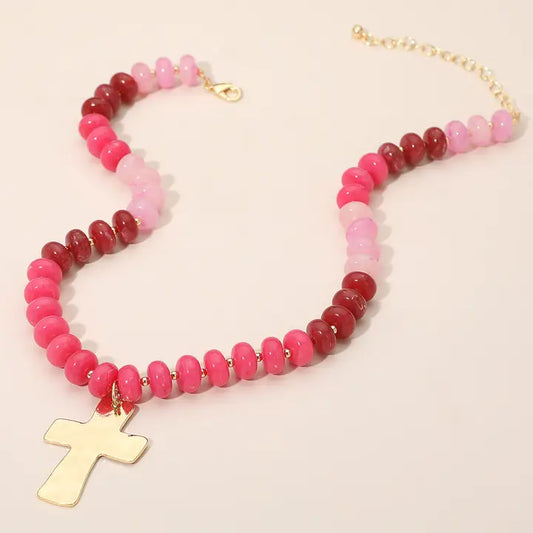 18K Gold Dipped Hammered Cross Plate Pendant Chunky Resin Disc Beaded Necklace