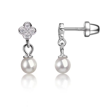 Sterling Silver Daisy w/ Dangling Pearl Earrings Girls + Kids