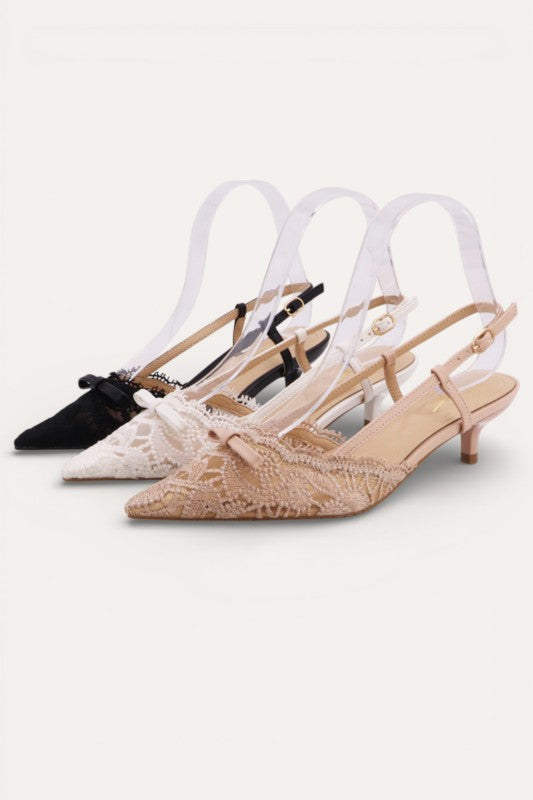 Elegant Lace Pointed-Toe Ribbon Slingback Heels - Black