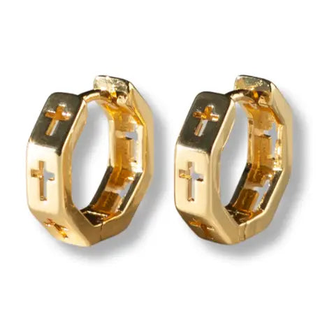 Tarnish Resistant Octagon Hoop Earrings w/ Cross Cutouts