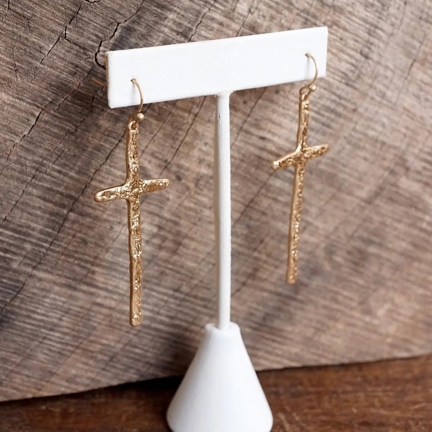 Primitive Cross Earrings Dangle Drop - Worn Gold