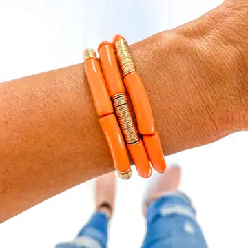 Orange + Wide Gold Disc Bangle Bracelet