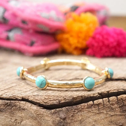 Jeweled Golden Bangle with Semi Precious Stone Dots- Turquoise - Shiny Gold