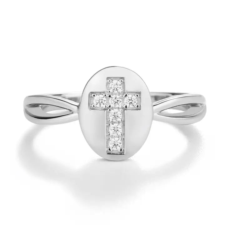 Girls Sterling Silver Oval Cross Ring with Czs