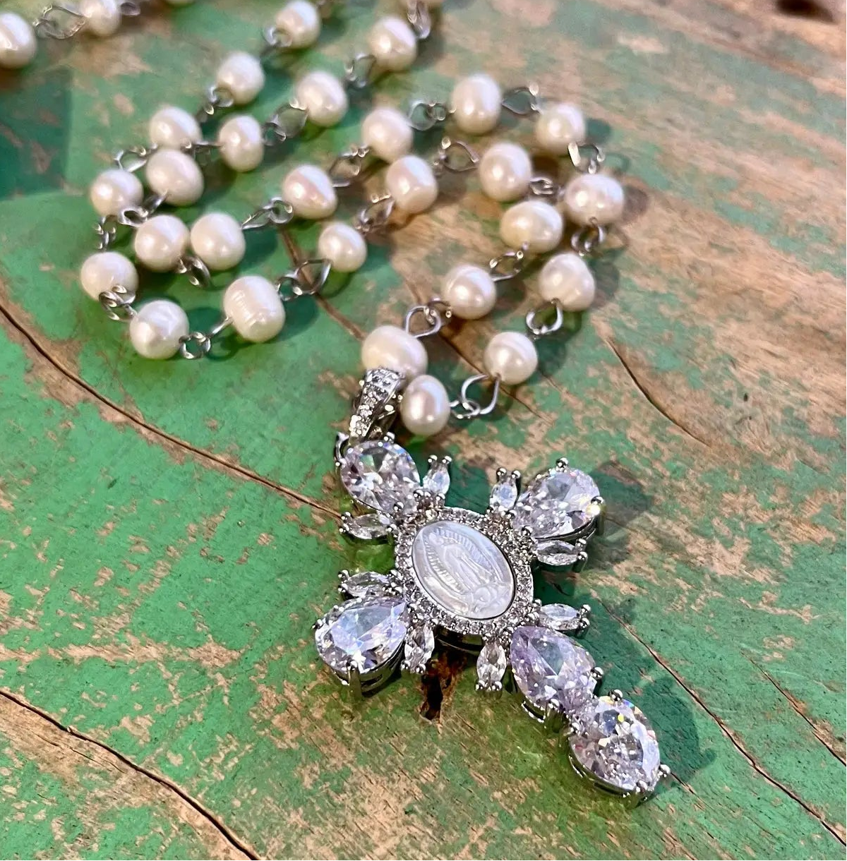 Our Lady of Guadalupe Cross Pearl Necklace - Silver