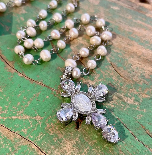Our Lady of Guadalupe Cross Pearl Necklace - Silver