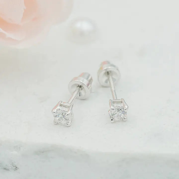 Sterling Silver Clear Cz Stud Earrings For Babies + Children