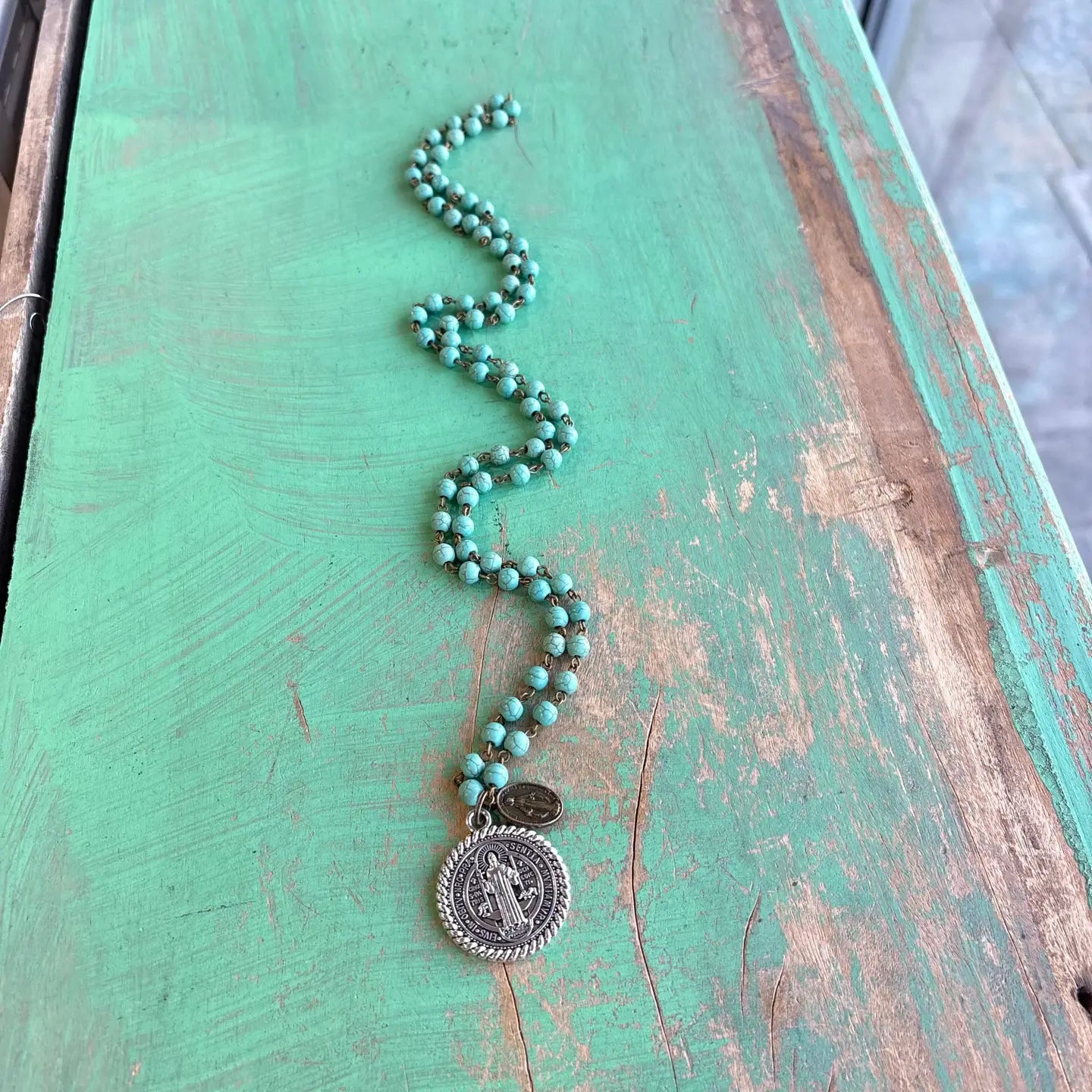 Howlite St Benedict Miraculous Necklace - Turquoise