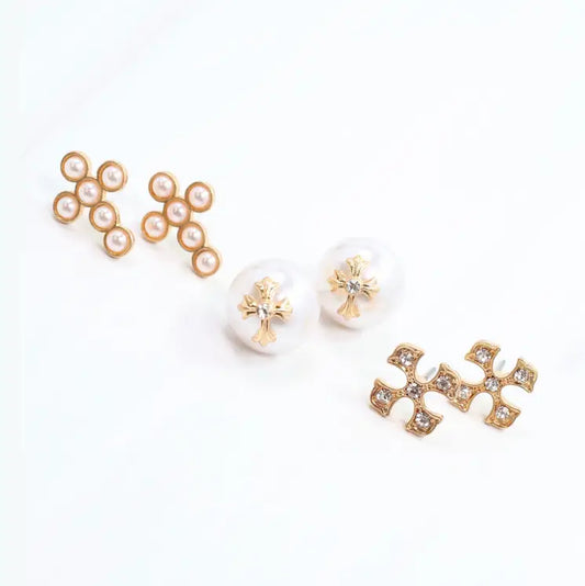 Minnie Lou Cross Earring Set Worn Gold