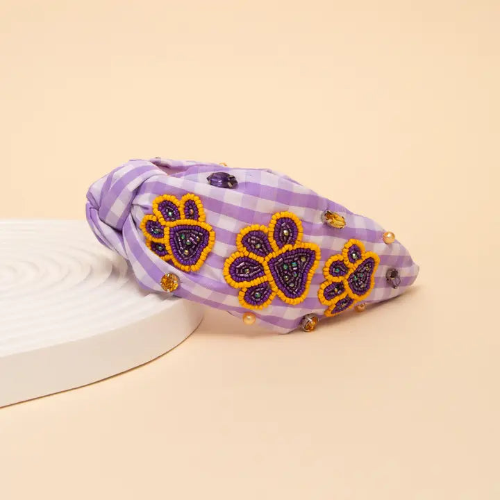 Beaded Top Knotted Gingham Style Headband - Purple