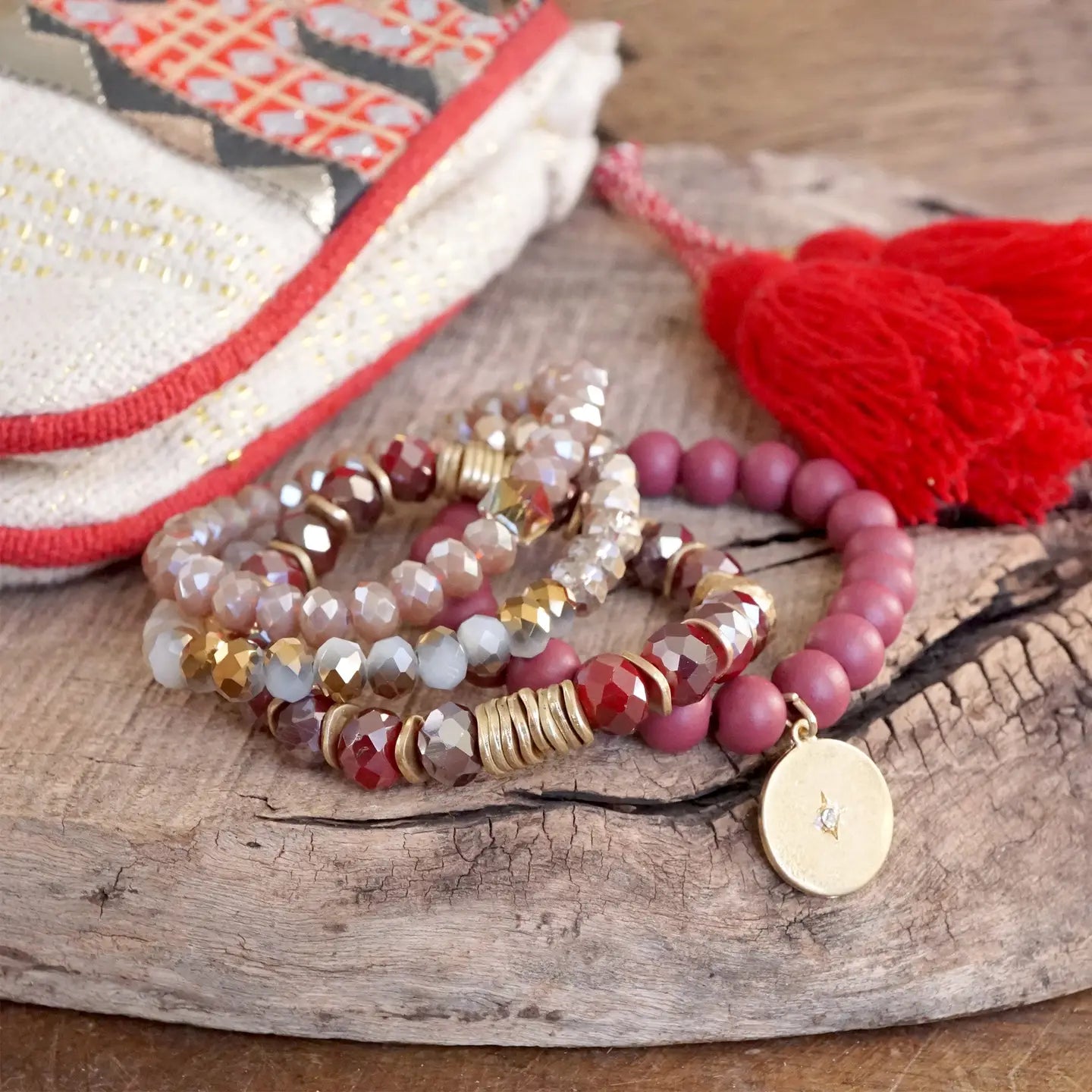 Beaded Bracelets Set in Red Burgundy with A Coin Charm