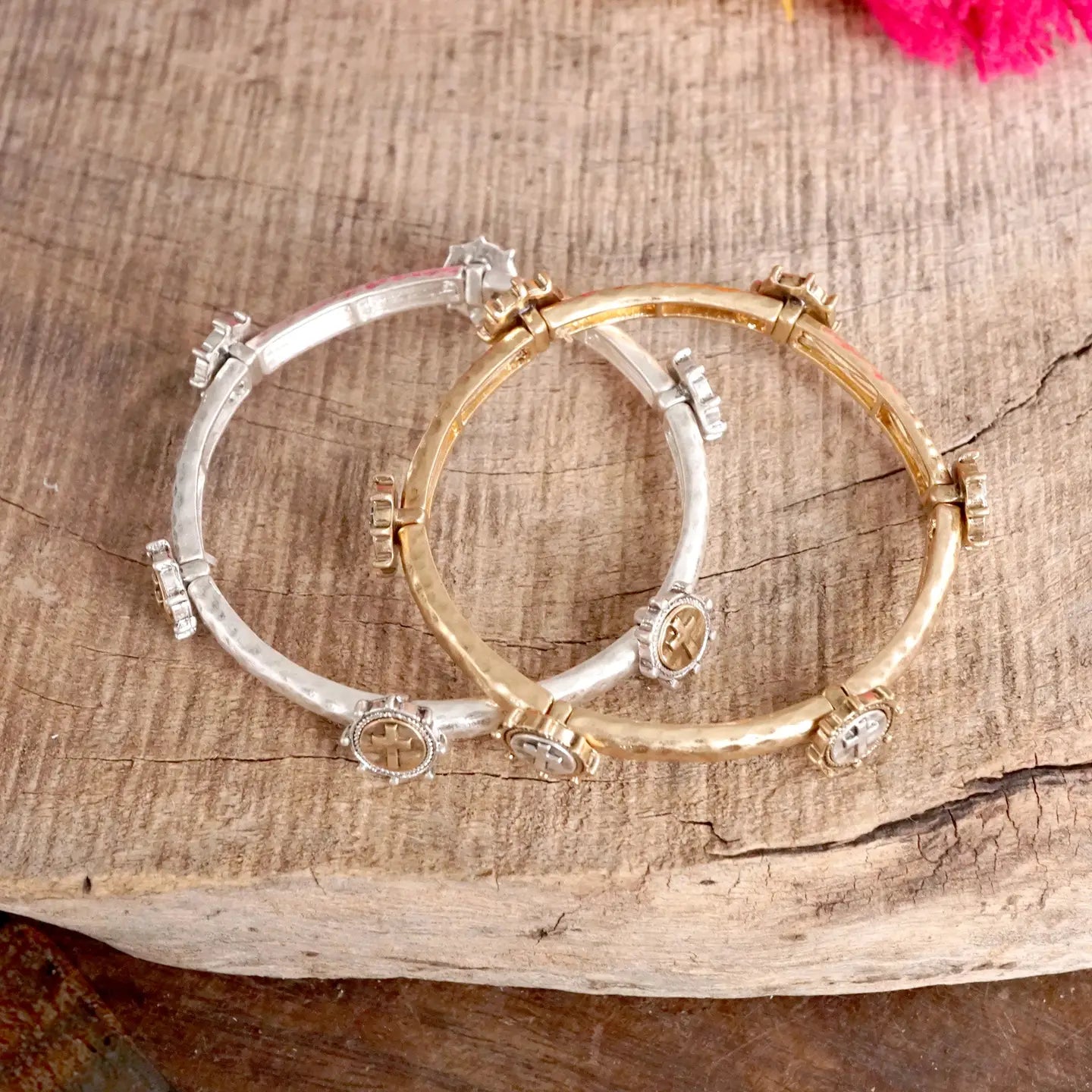 Cross Coin Bangle in Worn Silver