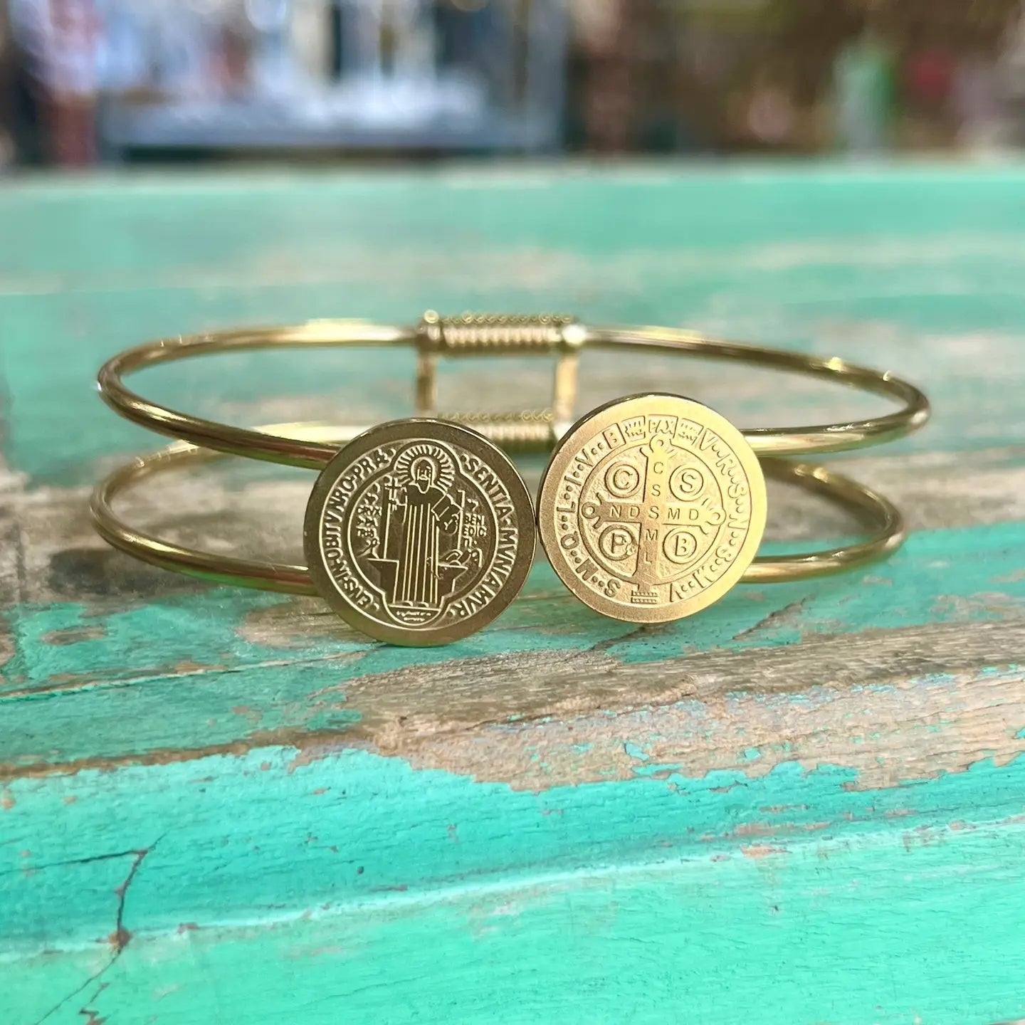 Stainless Steel St Benedict Bangle Bracelet - Gold