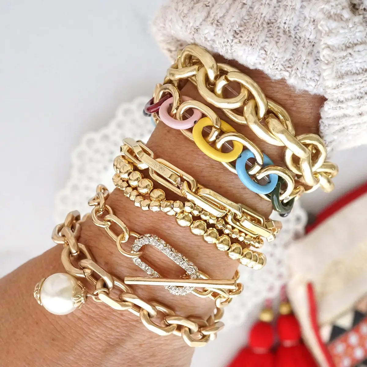 Gold Tone Chain Bracelet with Pave' Toggle Clasp