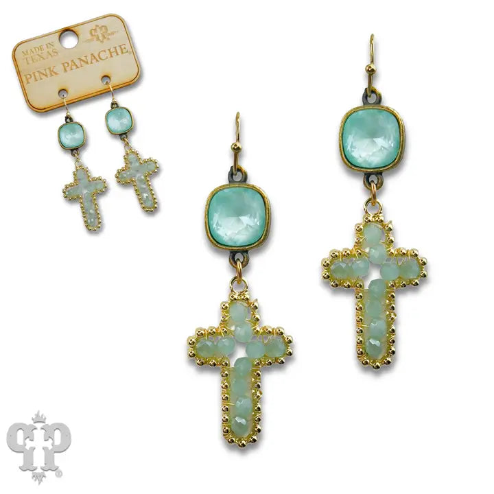 Wire Wrapped Bead Cross Earring with Austrian Crystal