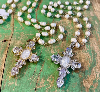 Our Lady of Guadalupe Cross Pearl Necklace - Gold