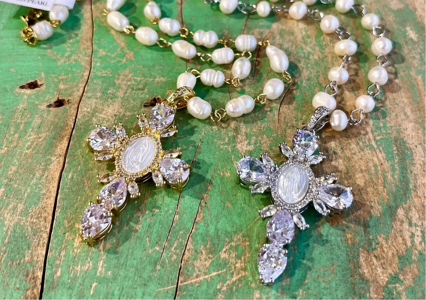 Our Lady of Guadalupe Cross Pearl Necklace - Silver