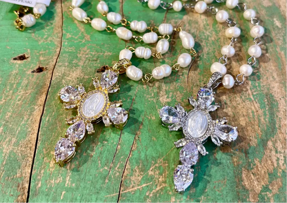 Our Lady of Guadalupe Cross Pearl Necklace - Silver