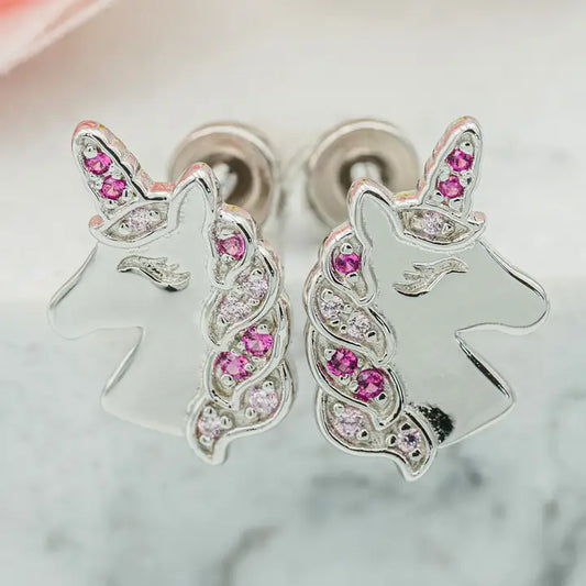 Sterling Silver Girls Screw-Back Pink Unicorn Earrings Kids