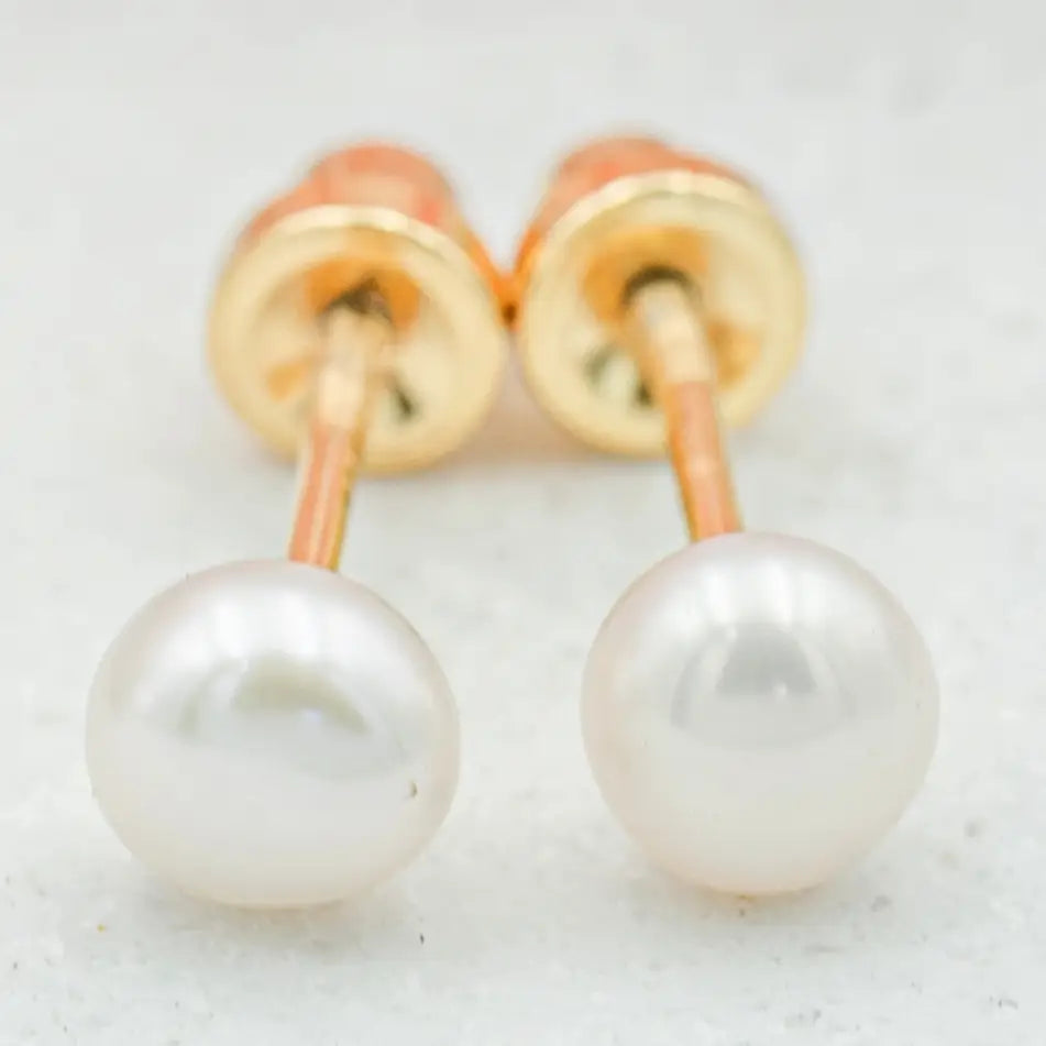 White Pearl Earrings with Screw Backs - Girls (14K Gold)
