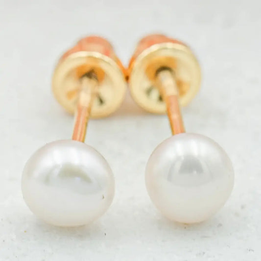 White Pearl Earrings with Screw Backs - Girls (14K Gold)