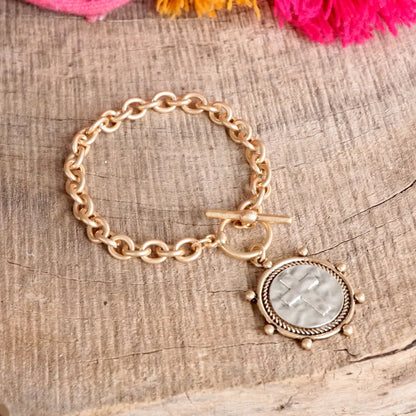 Cross Coin Chain Bracelet Toggle Closure - Gold Tone