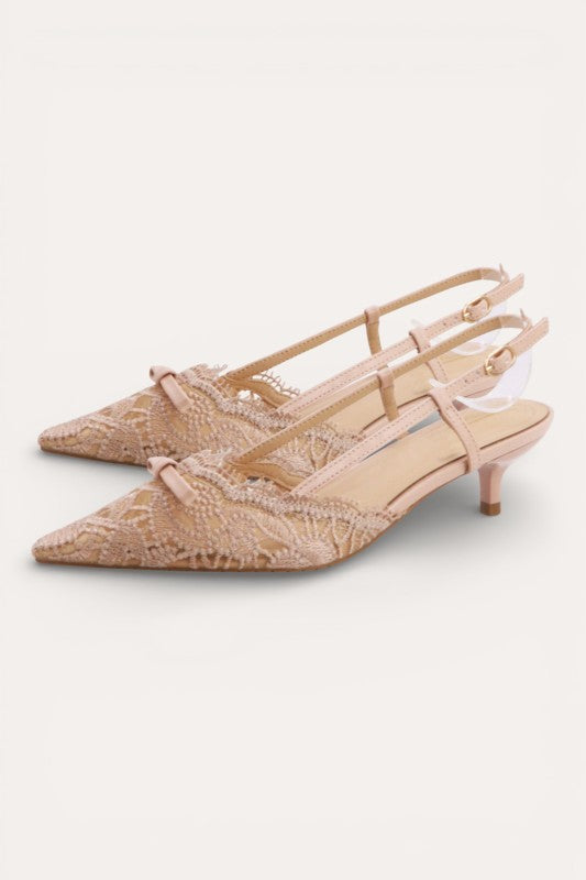 Elegant Lace Pointed-Toe Ribbon Slingback Heels - Nude