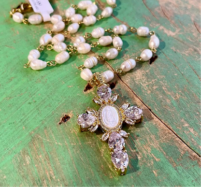 Our Lady of Guadalupe Cross Pearl Necklace - Gold